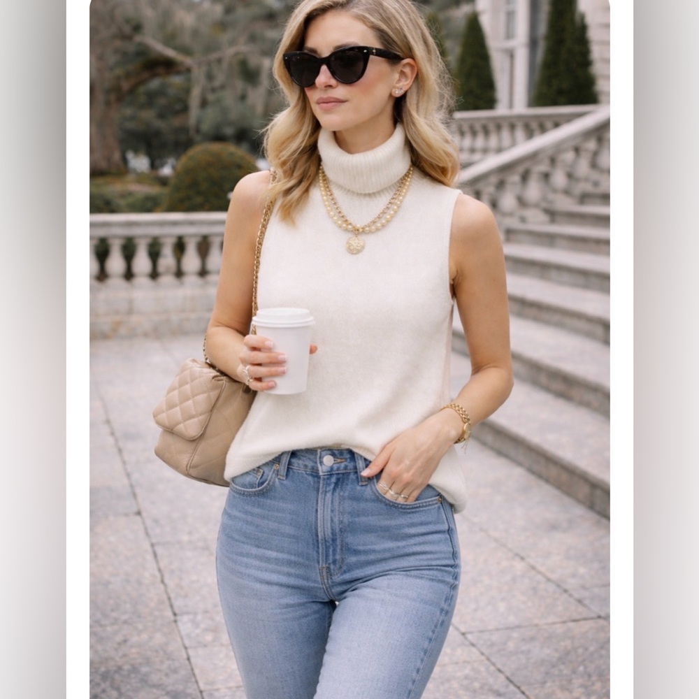 Josephine Chaus Sweater Off White Sleeveless Turtleneck Top Soft Sweater Size L